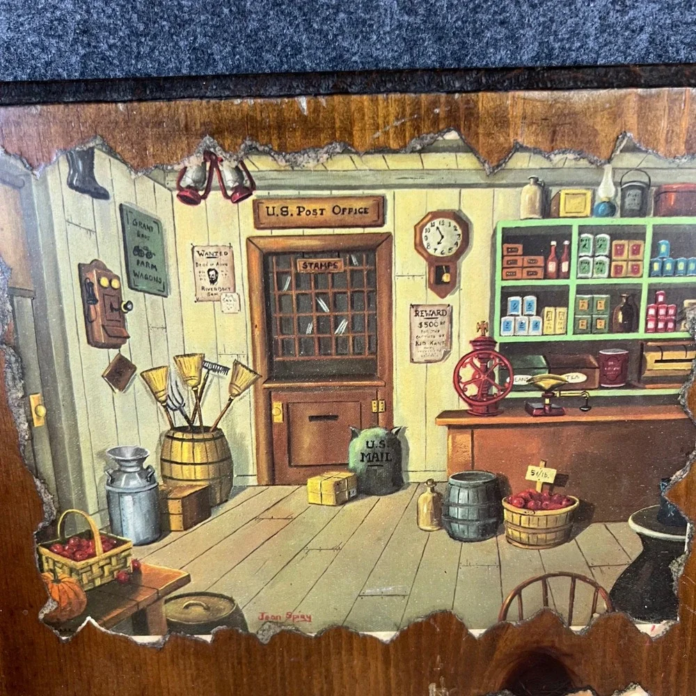 Vintage Jean Spicer Wood Plaque General Store and Kitchen Lithograph Americana
